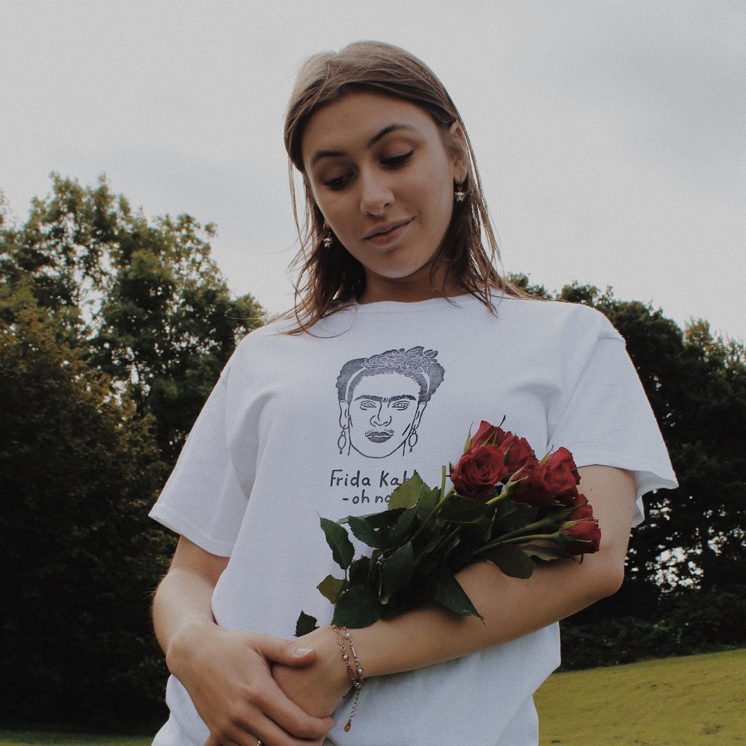 hand printed 'frida kahl-oh no' t-shirt