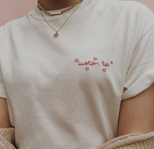 Load image into Gallery viewer, personalised hand embroidered heart border t-shirt
