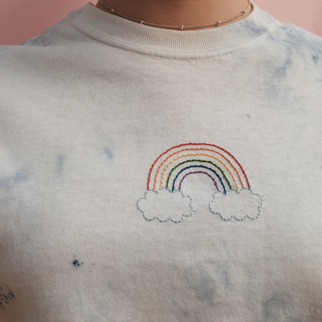 hand embroidered rainbow tie dye t-shirt