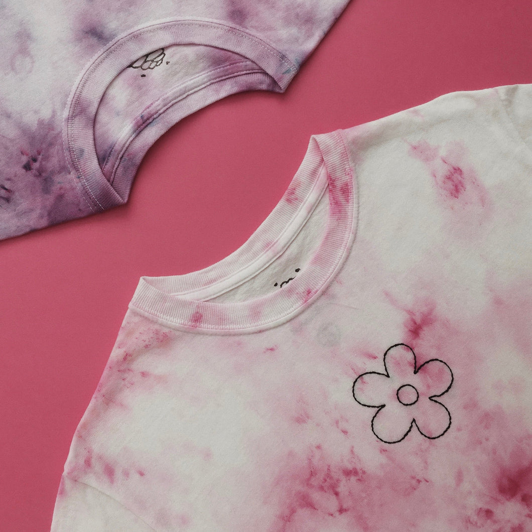 hand embroidered flower tie dye t-shirt