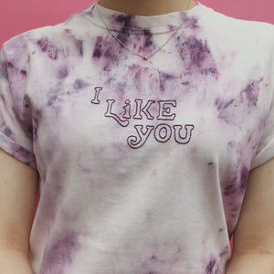 hand embroidered 'i like you' tie dye t-shirt