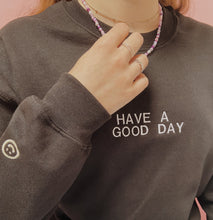 Load image into Gallery viewer, personalised text and embroidered sleeve crew neck jumper
