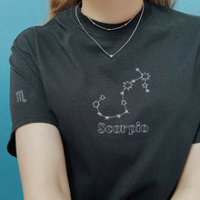 Load image into Gallery viewer, zodiac constellation embroidered t-shirt with sleeve embroidery
