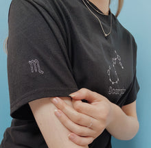 Load image into Gallery viewer, zodiac constellation embroidered t-shirt with sleeve embroidery
