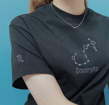 Load image into Gallery viewer, zodiac constellation embroidered t-shirt with sleeve embroidery
